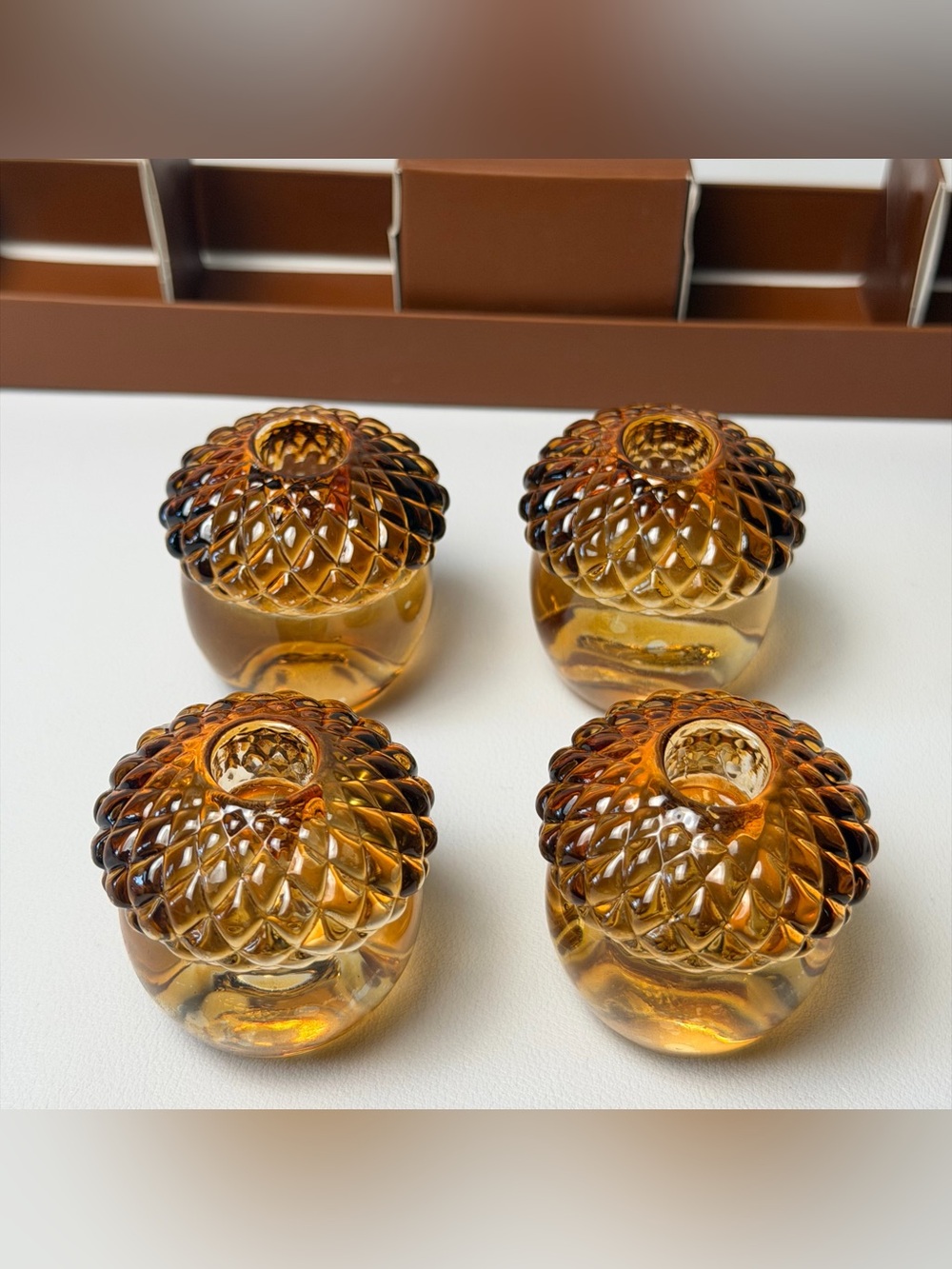 Williams-Sonoma Amber Glass Tea Light Candle Holders Set of 4 Acorn